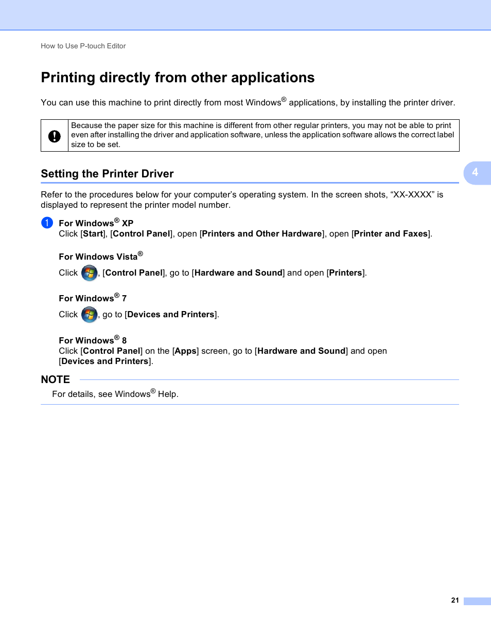 Printing directly from other applications, Setting the printer driver | Brother TD-2120N User Manual | Page 25 / 94
