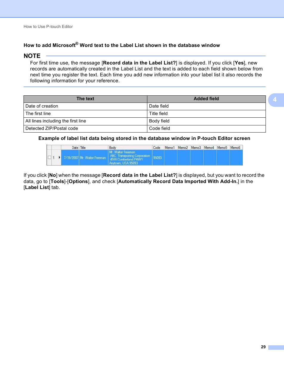How to add microsoft, Word text to, The label list shown in the database window | Brother TD-2120N User Manual | Page 33 / 94