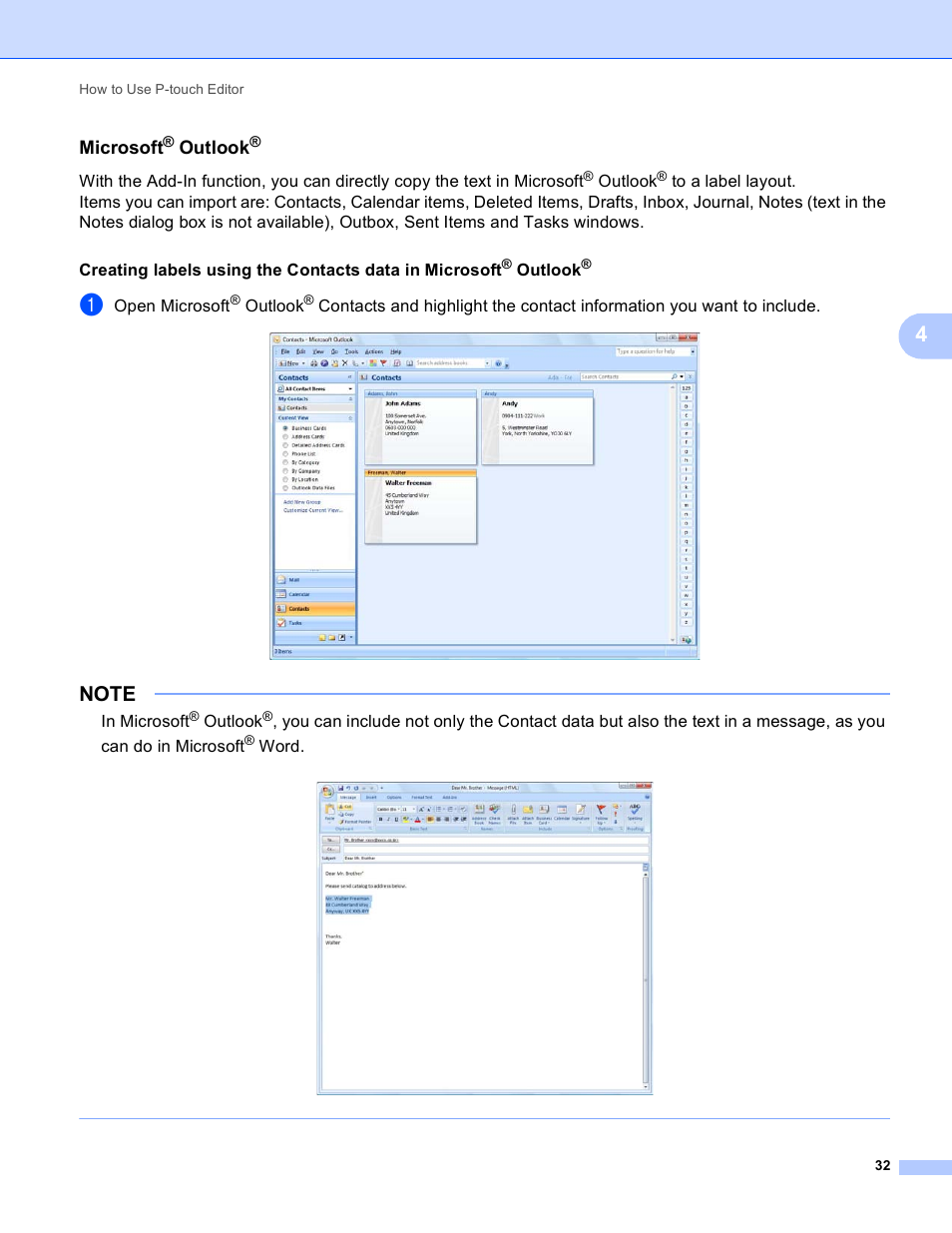 Microsoft® outlook, Microsoft, Outlook | Brother TD-2120N User Manual | Page 36 / 94