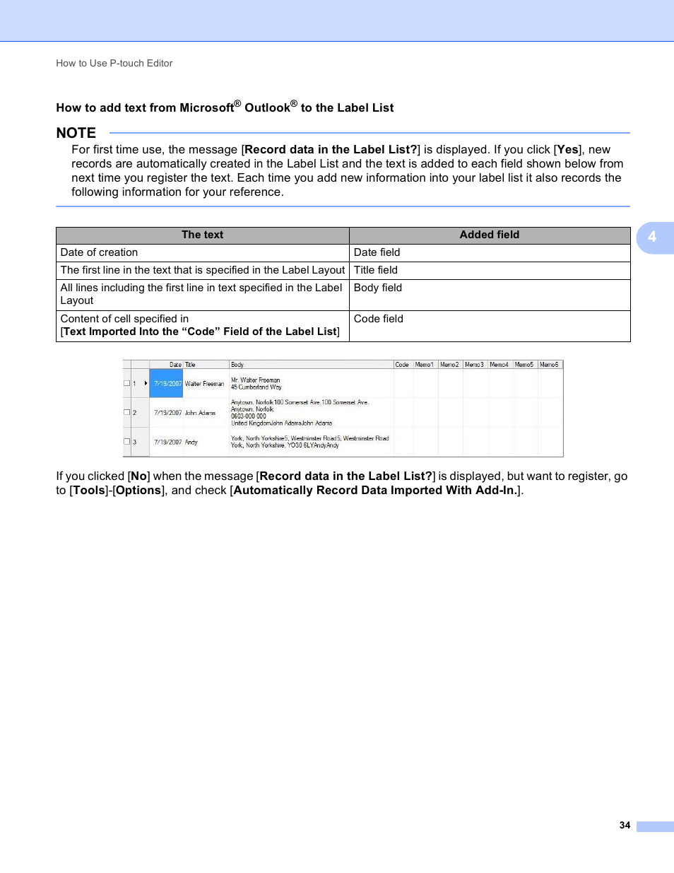 How to add text from microsoft, Outlook | Brother TD-2120N User Manual | Page 38 / 94