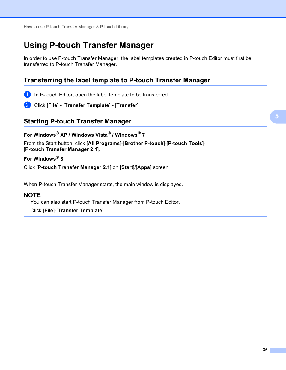Using p-touch transfer manager, Starting p-touch transfer manager | Brother TD-2120N User Manual | Page 40 / 94