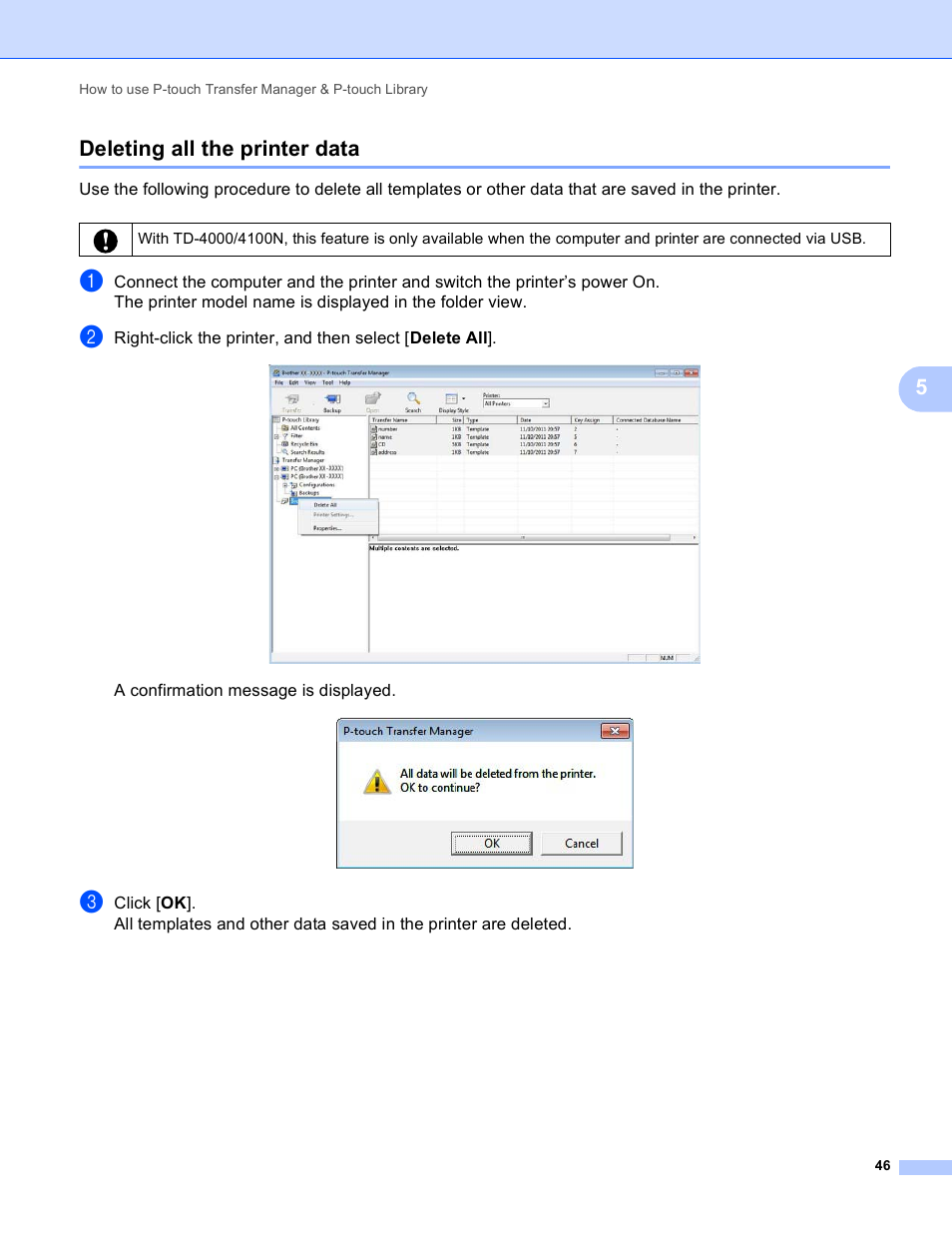 Deleting all the printer data, 5deleting all the printer data | Brother TD-2120N User Manual | Page 50 / 94