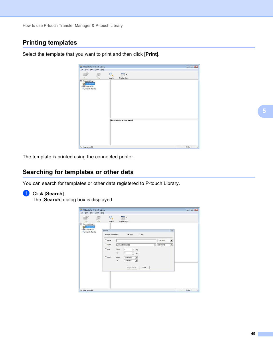 Printing templates, Searching for templates or other data, 5printing templates | Brother TD-2120N User Manual | Page 53 / 94