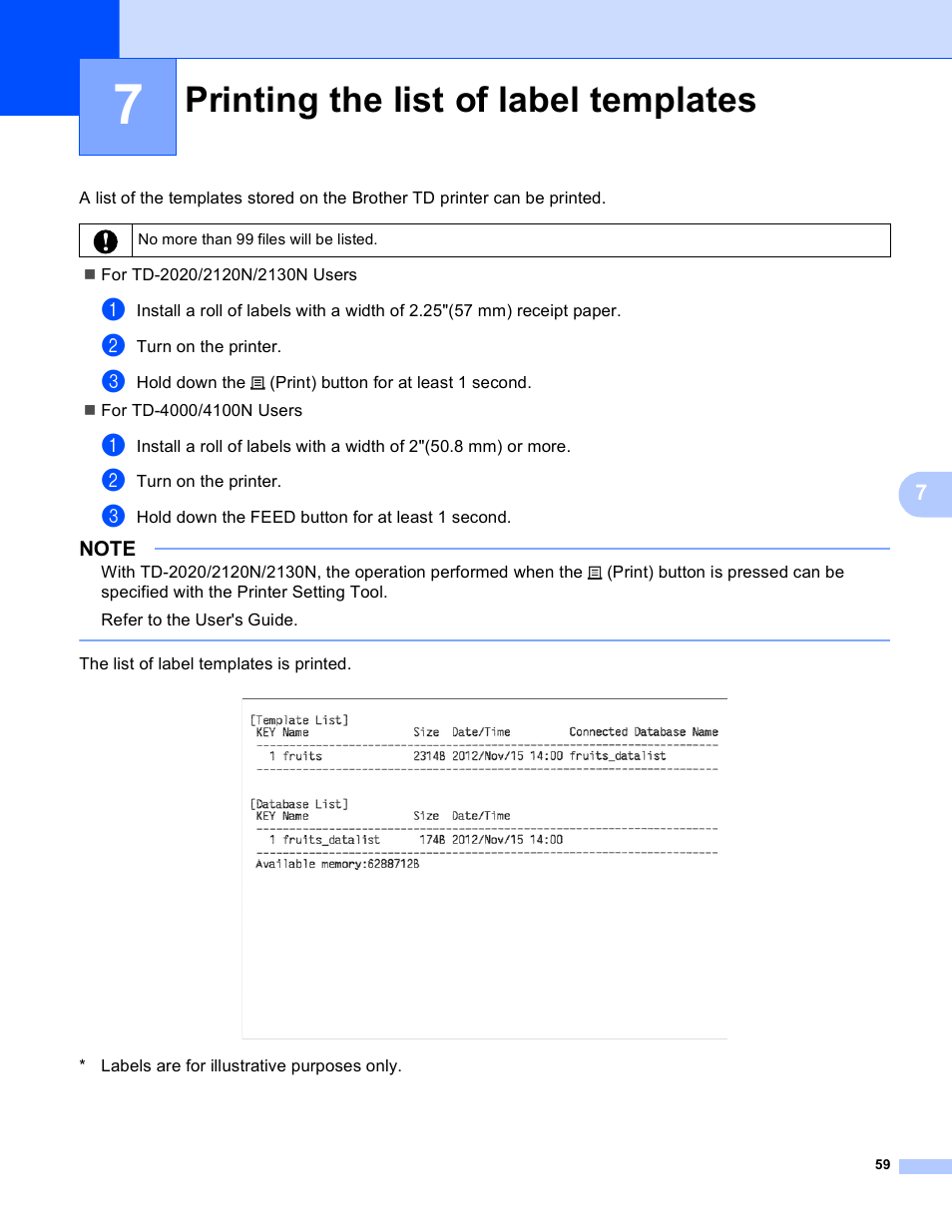 7 printing the list of label templates, Printing the list of label templates | Brother TD-2120N User Manual | Page 63 / 94