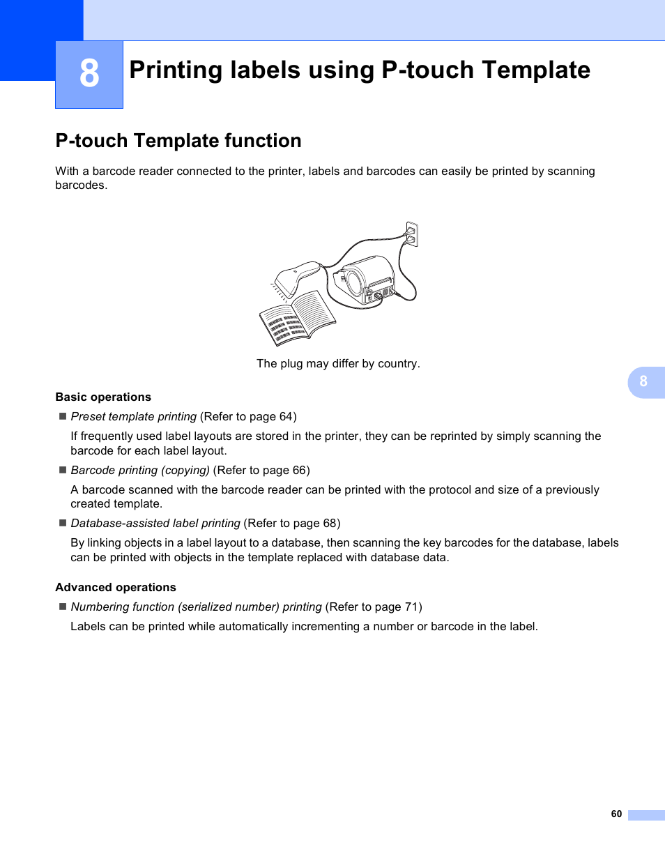 8 printing labels using p-touch template, P-touch template function, Printing labels using p-touch template | Brother TD-2120N User Manual | Page 64 / 94