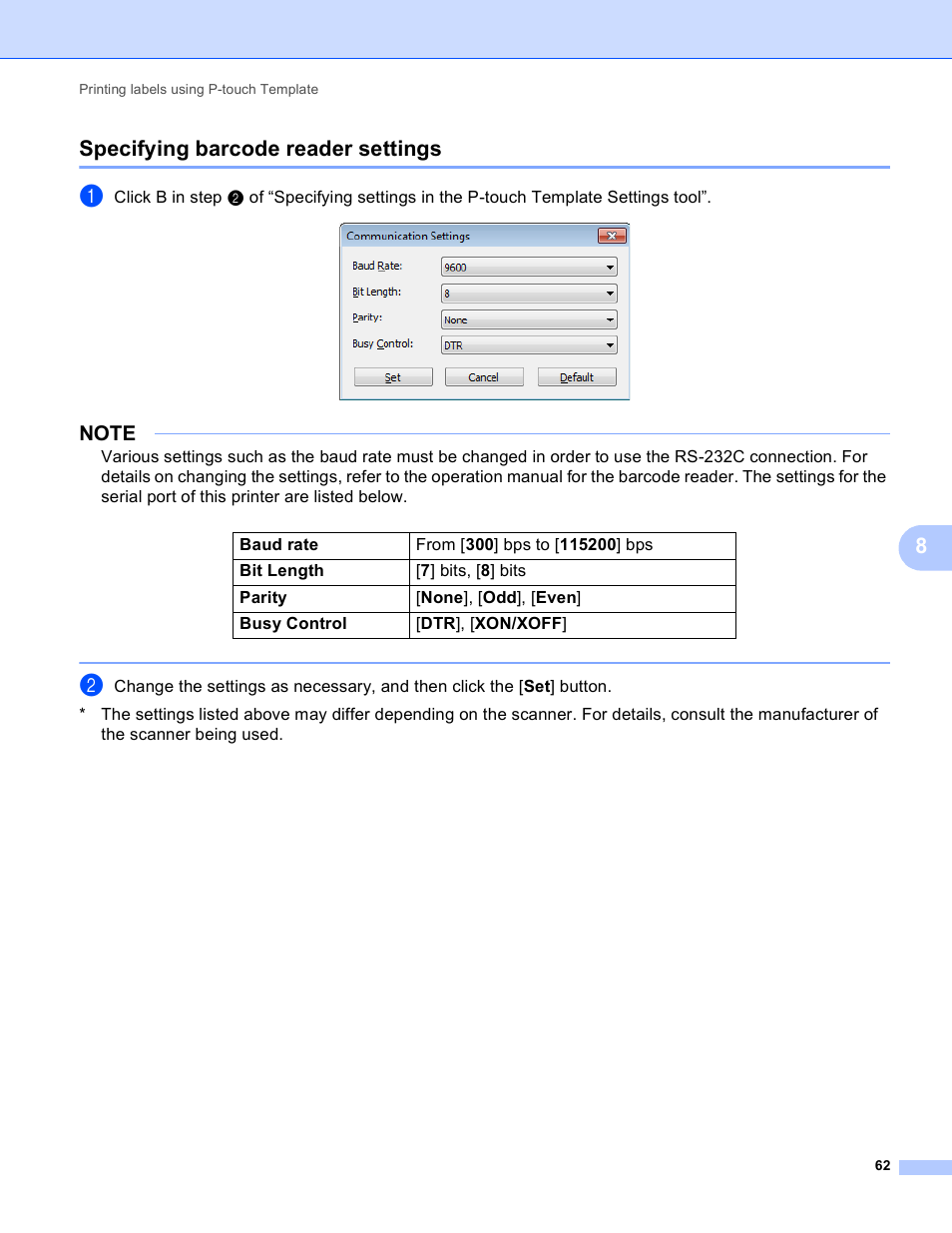 Specifying barcode reader settings, 8specifying barcode reader settings | Brother TD-2120N User Manual | Page 66 / 94