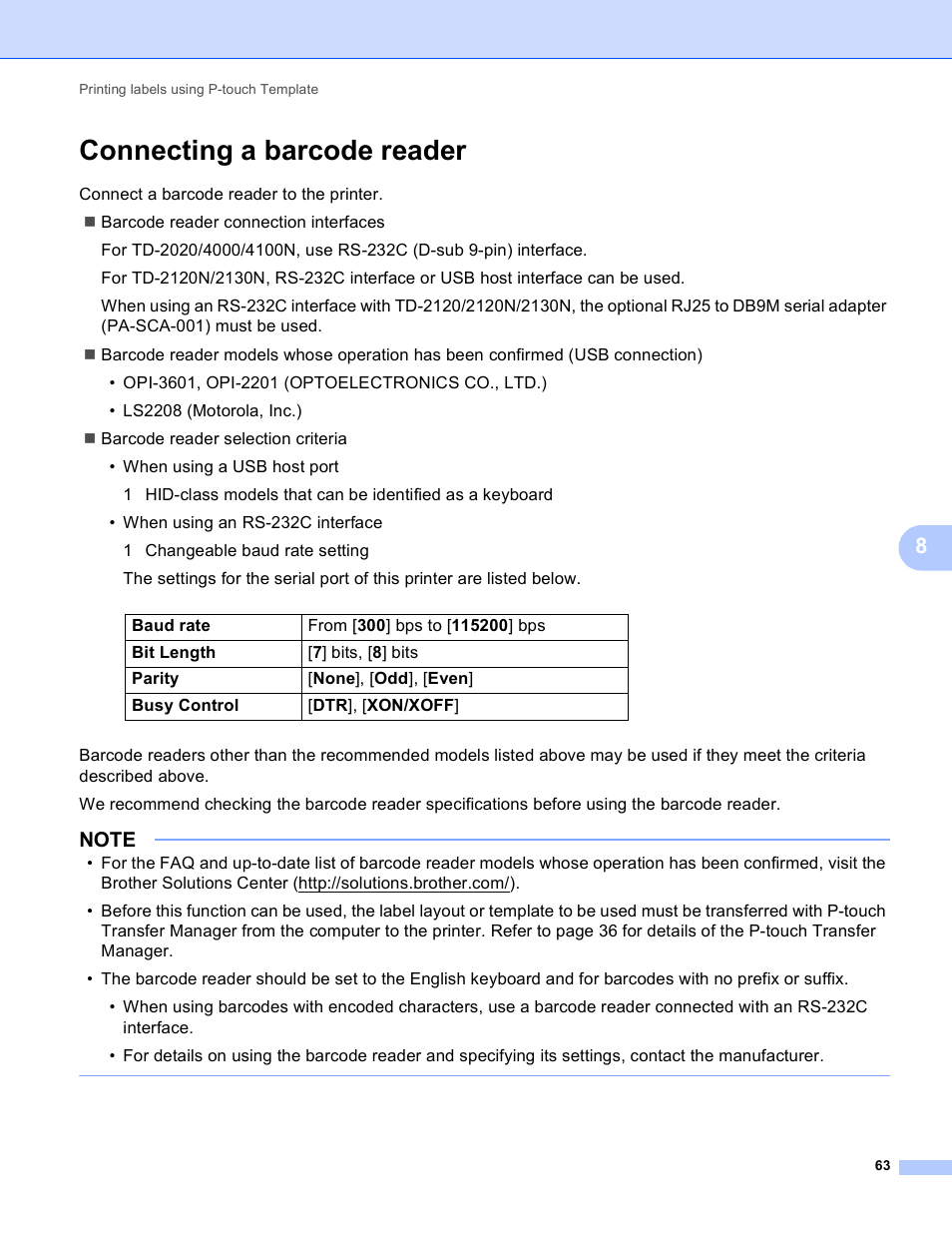 Connecting a barcode reader | Brother TD-2120N User Manual | Page 67 / 94