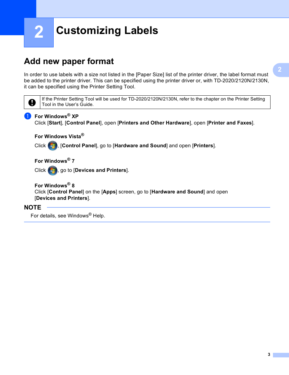 2 customizing labels, Add new paper format, Customizing labels | Brother TD-2120N User Manual | Page 7 / 94