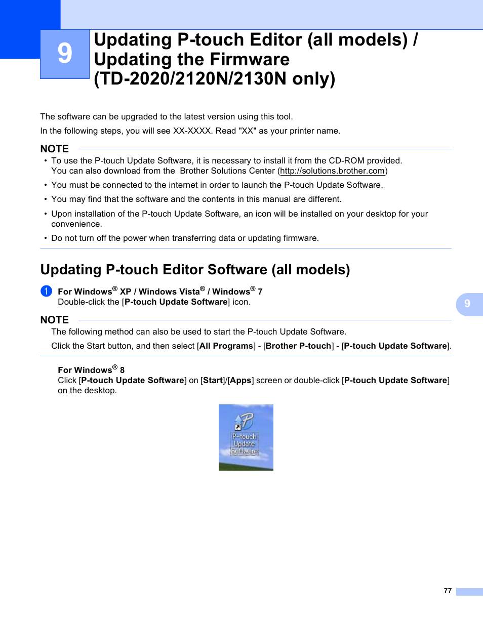 Updating p-touch editor software (all models) | Brother TD-2120N User Manual | Page 81 / 94