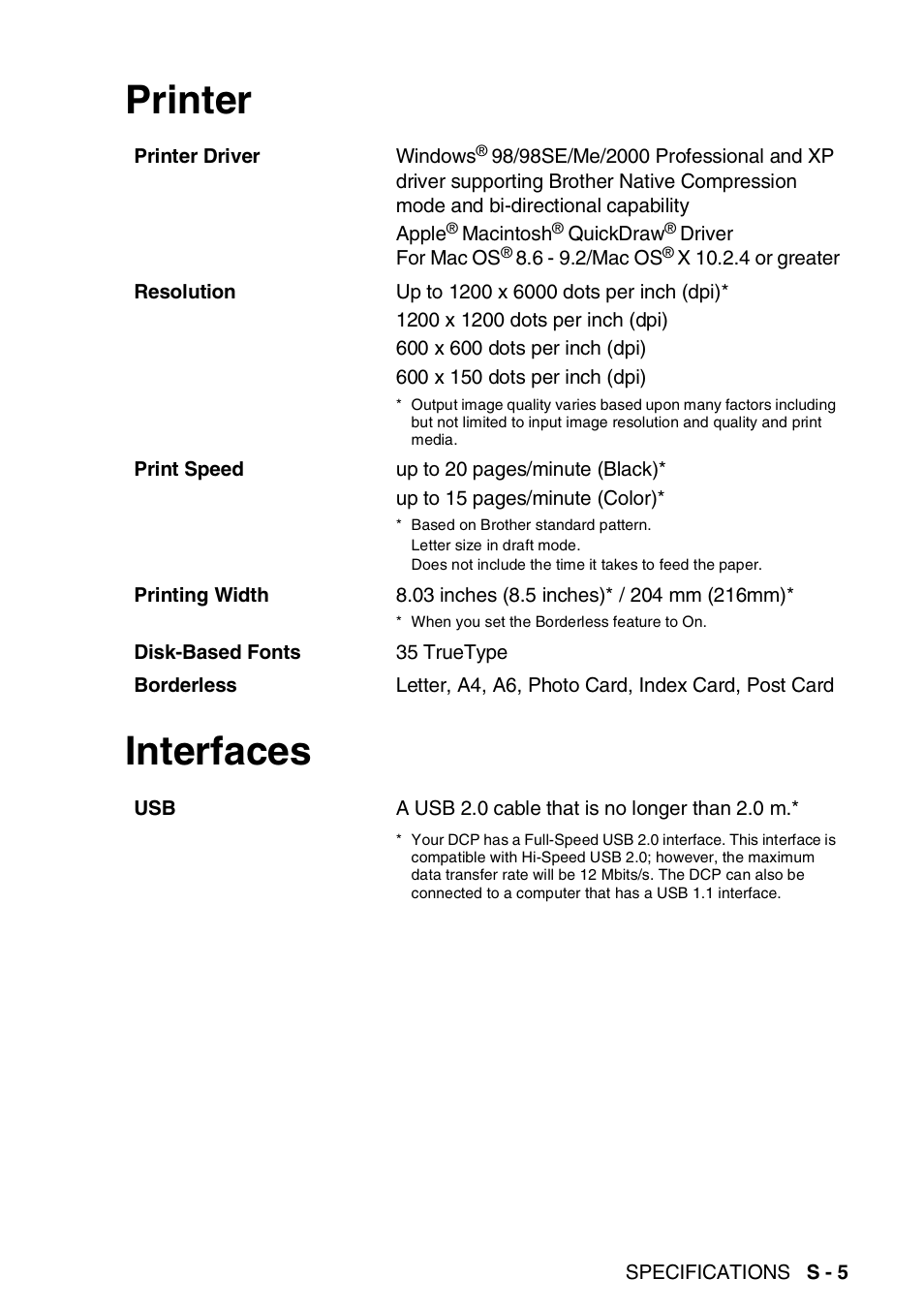 Printer, Interfaces, Printer interfaces | Brother DCP-110C User Manual | Page 101 / 107