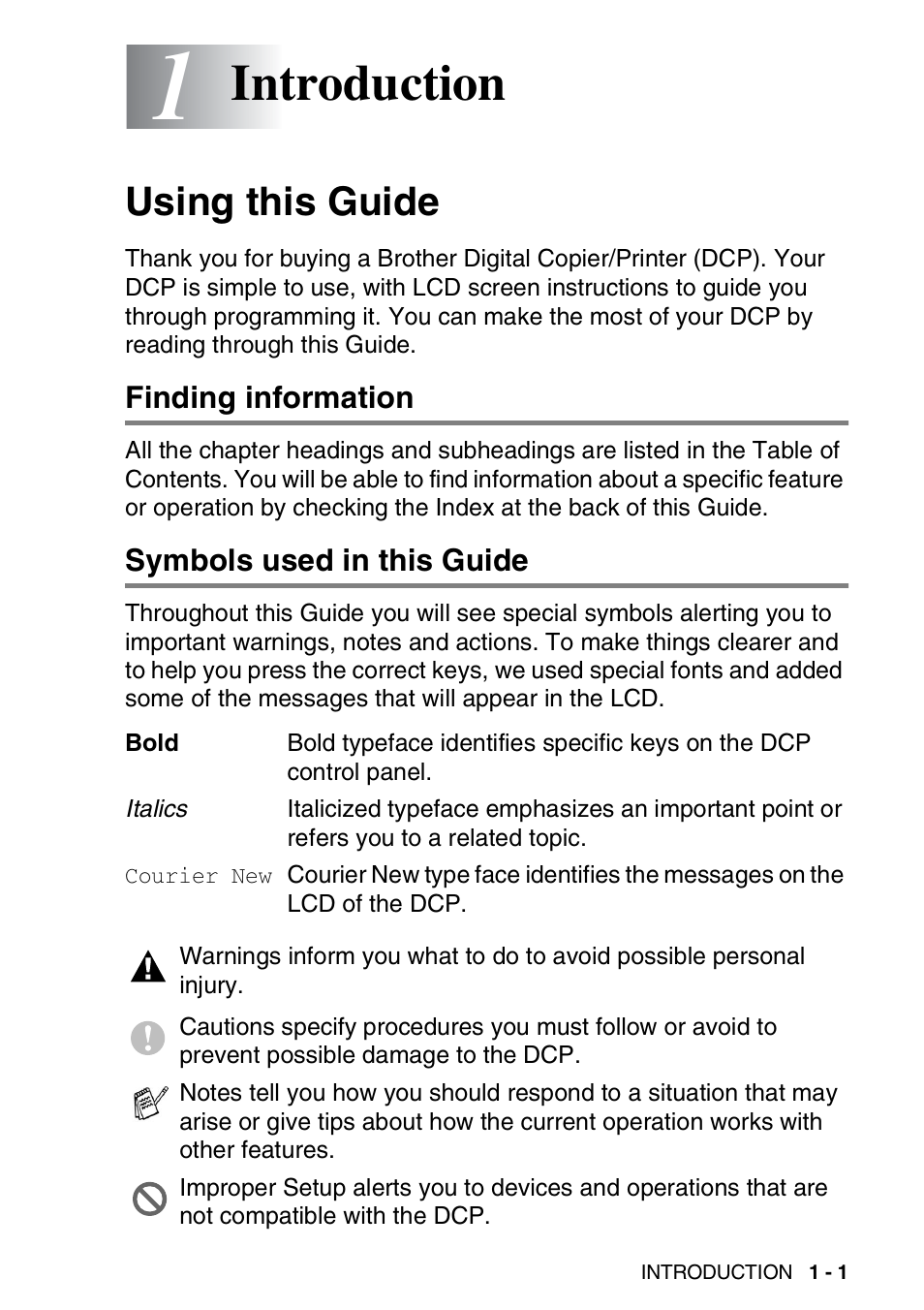 1 introduction, Using this guide, Finding information | Symbols used in this guide, Introduction -1, Using this guide -1, Introduction | Brother DCP-110C User Manual | Page 15 / 107