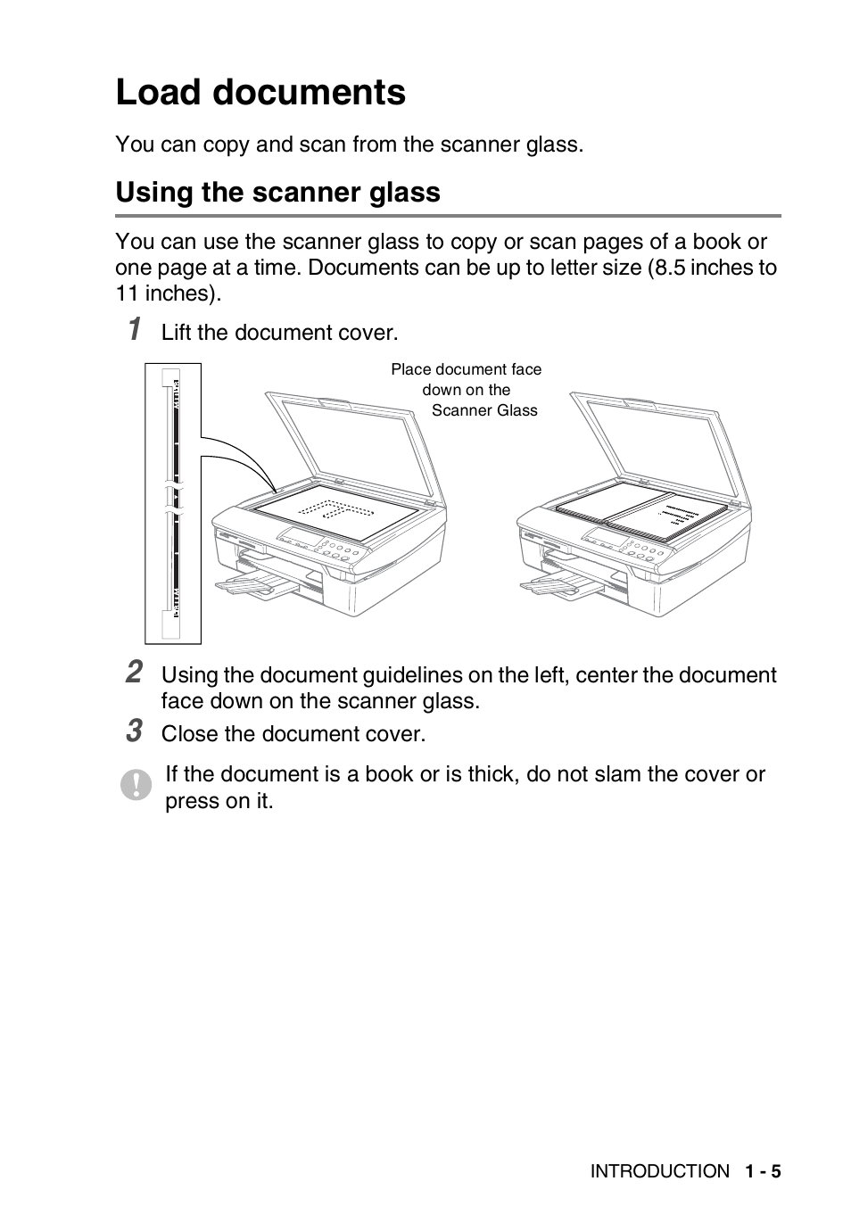 Load documents, Using the scanner glass, Load documents -5 | Using the scanner glass -5 | Brother DCP-110C User Manual | Page 19 / 107