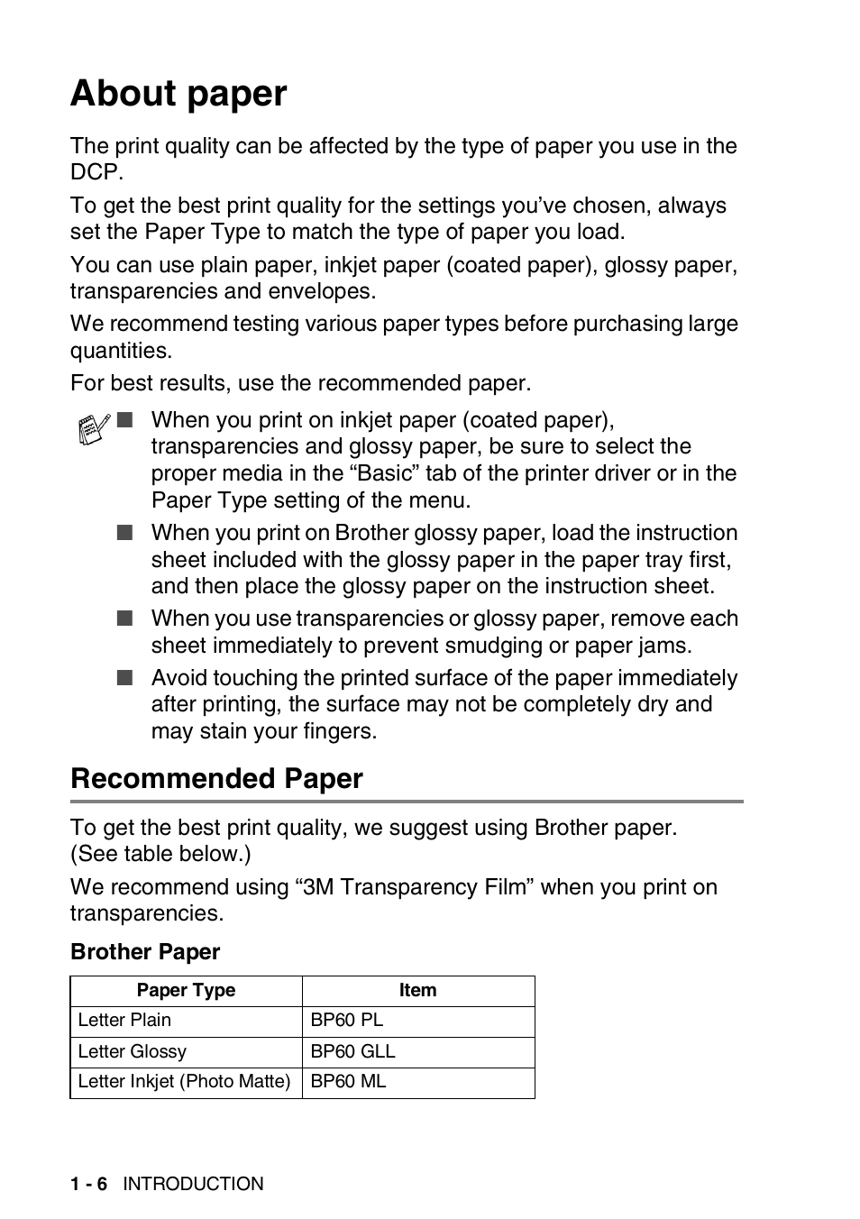 About paper, Recommended paper, About paper -6 | Recommended paper -6 | Brother DCP-110C User Manual | Page 20 / 107
