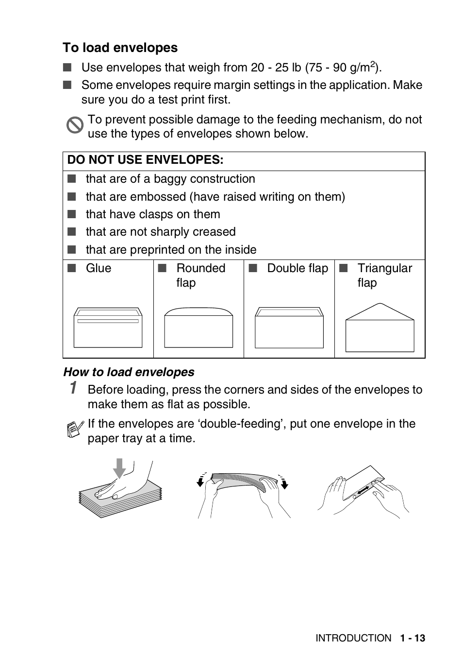 To load envelopes, To load envelopes -13 | Brother DCP-110C User Manual | Page 27 / 107