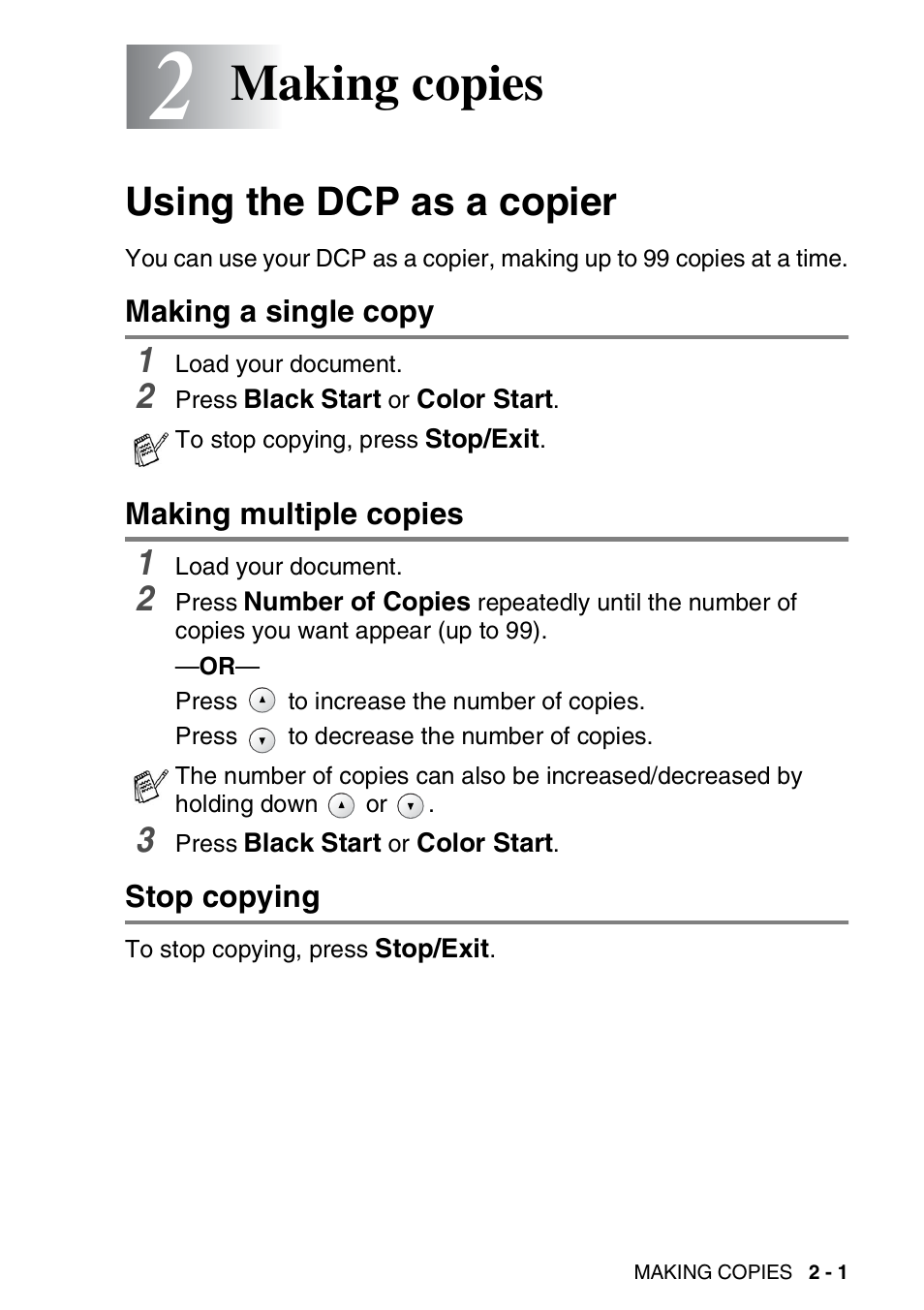 2 making copies, Using the dcp as a copier, Making a single copy | Making multiple copies, Stop copying, Making copies -1, Using the dcp as a copier -1, Making copies | Brother DCP-110C User Manual | Page 29 / 107