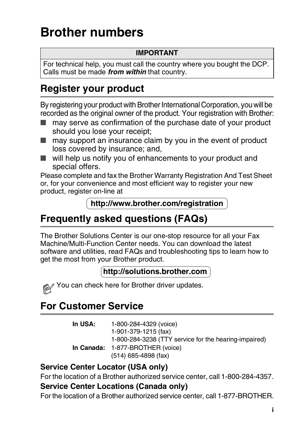 Brother numbers, Register your product, Frequently asked questions (faqs) | For customer service | Brother DCP-110C User Manual | Page 3 / 107