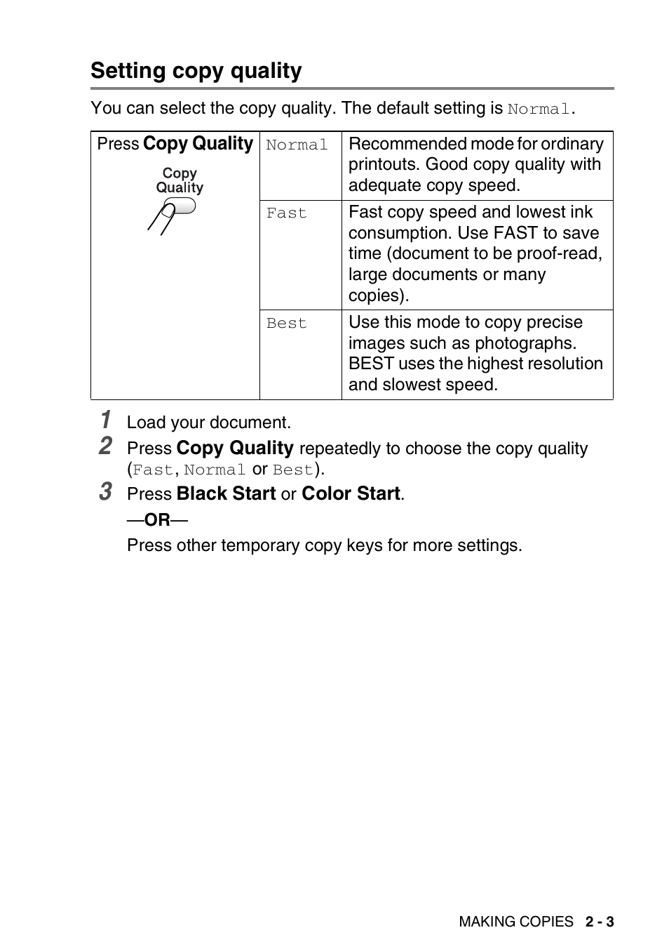 Setting copy quality, Setting copy quality -3 | Brother DCP-110C User Manual | Page 31 / 107