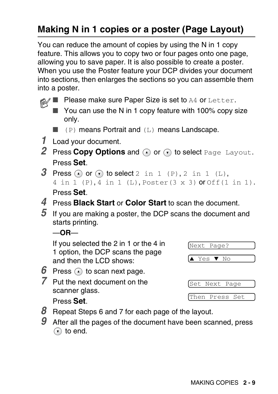 Making n in 1 copies or a poster (page layout) | Brother DCP-110C User Manual | Page 37 / 107