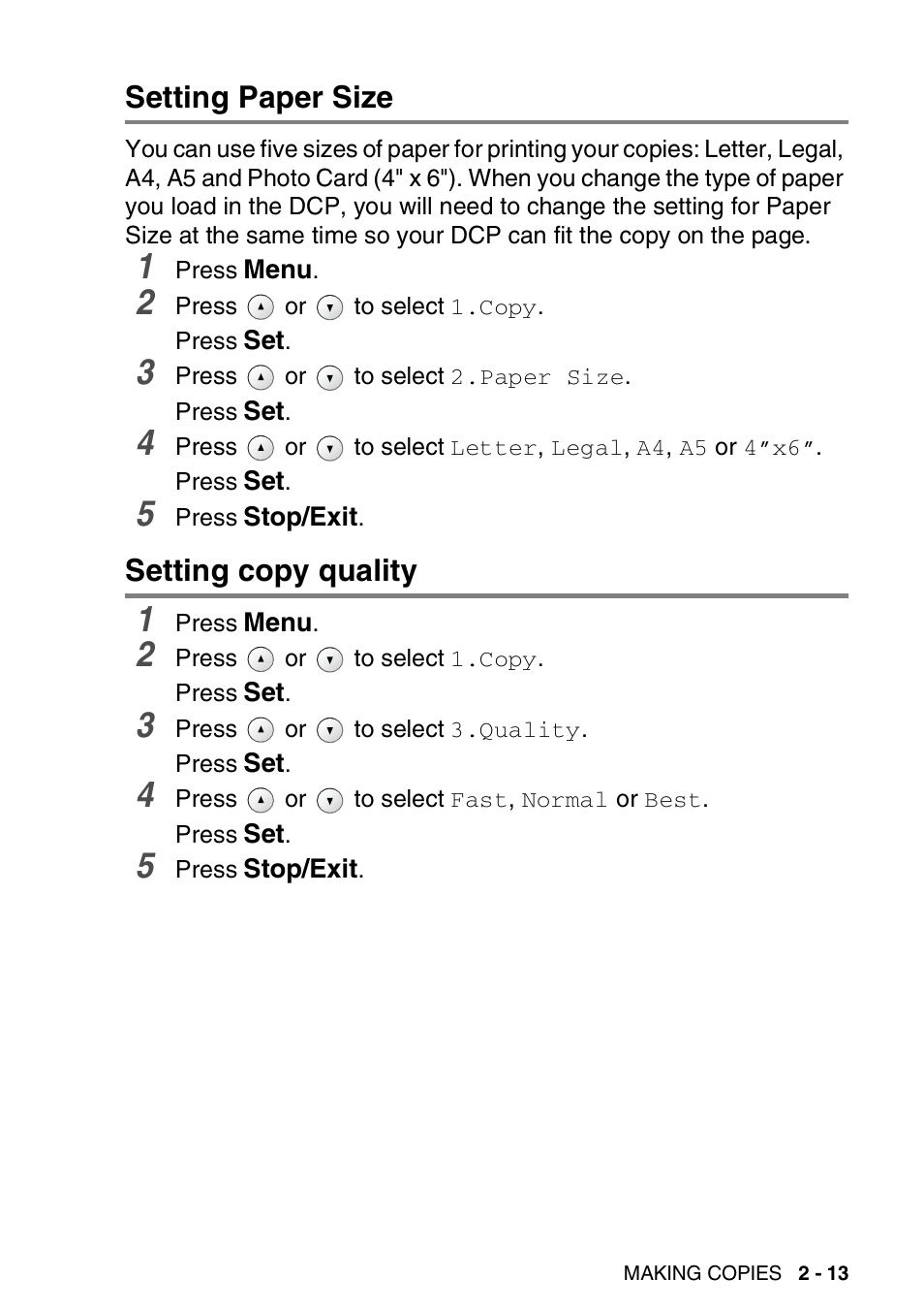 Setting paper size, Setting copy quality, Setting paper size -13 setting copy quality -13 | Brother DCP-110C User Manual | Page 41 / 107