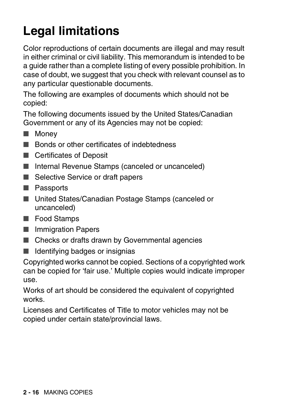 Legal limitations, Legal limitations -16 | Brother DCP-110C User Manual | Page 44 / 107