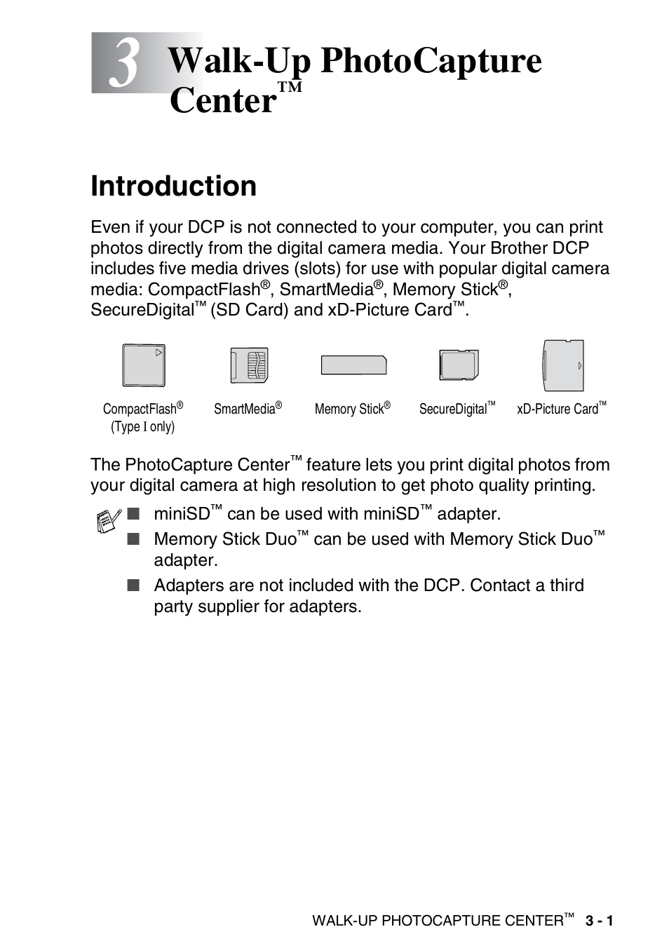 3 walk-up photocapture center, Introduction, Walk-up photocapture center | Introduction -1 | Brother DCP-110C User Manual | Page 45 / 107