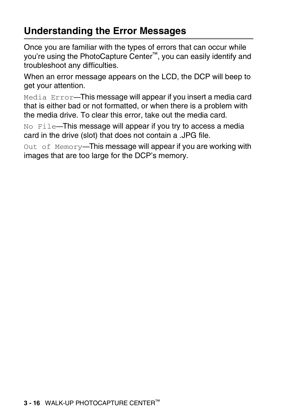 Understanding the error messages, Understanding the error messages -16 | Brother DCP-110C User Manual | Page 60 / 107