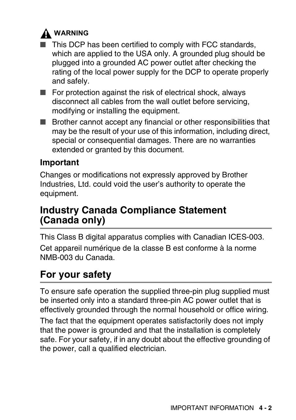 Important, Industry canada compliance statement (canada only), For your safety | Important -2, Industry canada compliance statement, Canada only) -2, For your safety -2 | Brother DCP-110C User Manual | Page 63 / 107