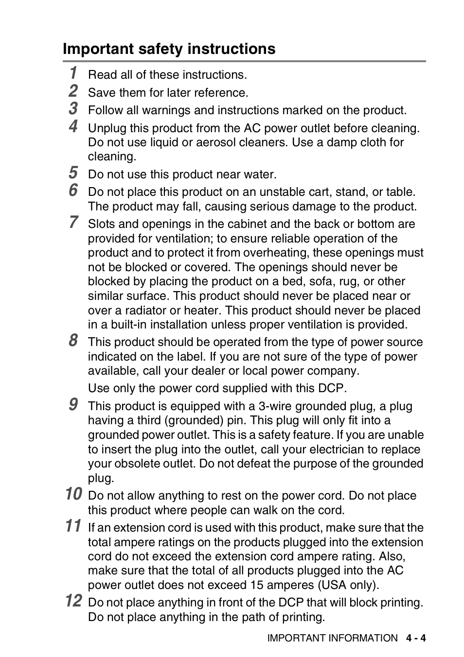 Important safety instructions, Important safety instructions -4 | Brother DCP-110C User Manual | Page 65 / 107