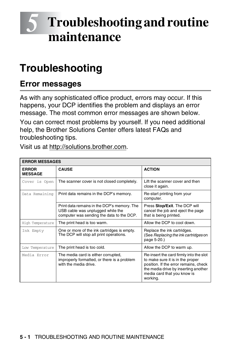 5 troubleshooting and routine maintenance, Troubleshooting, Error messages | Troubleshooting and routine maintenance -1, Troubleshooting -1, Error messages -1, Troubleshooting and routine maintenance | Brother DCP-110C User Manual | Page 68 / 107
