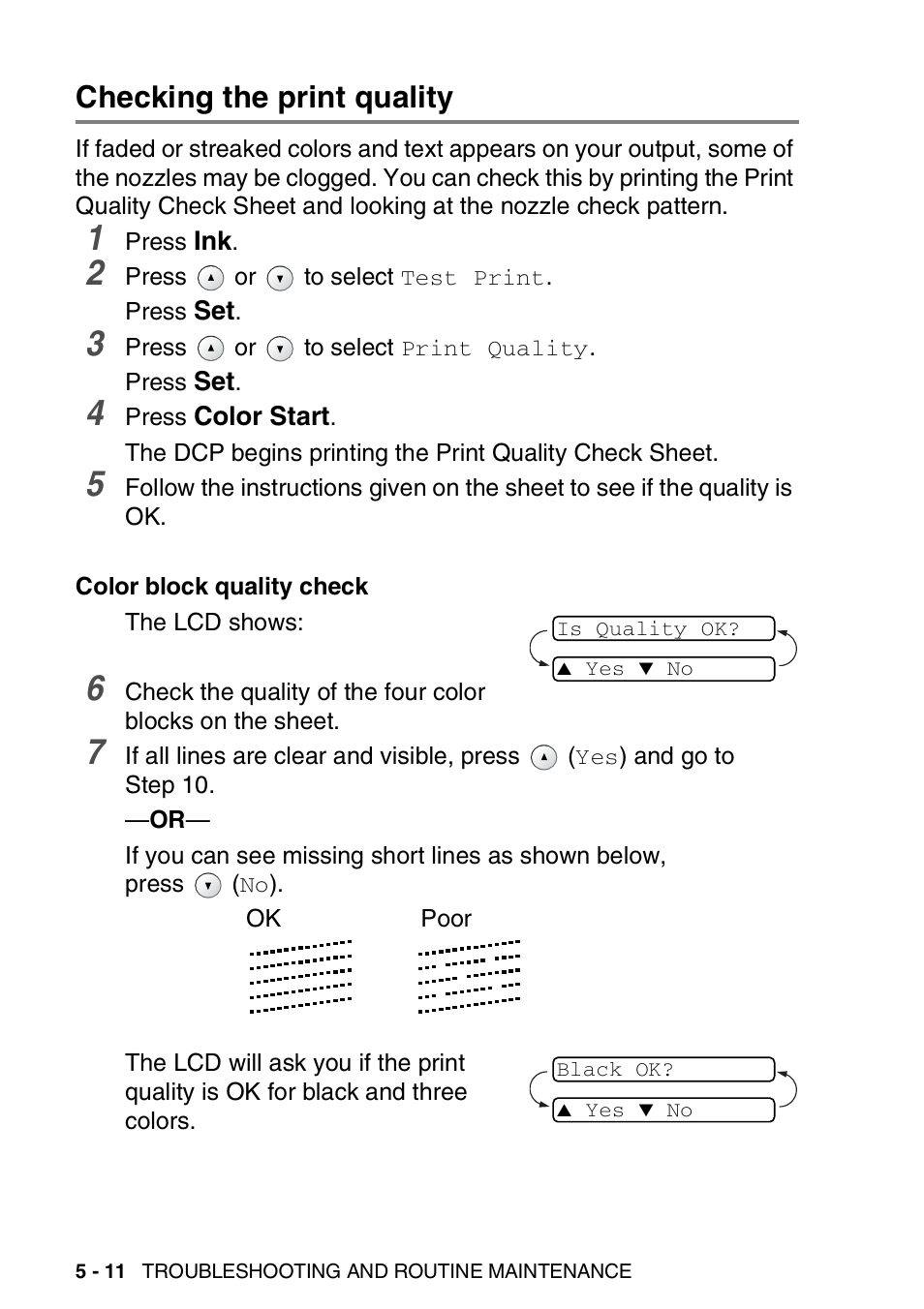 Checking the print quality, Checking the print quality -11 | Brother DCP-110C User Manual | Page 78 / 107