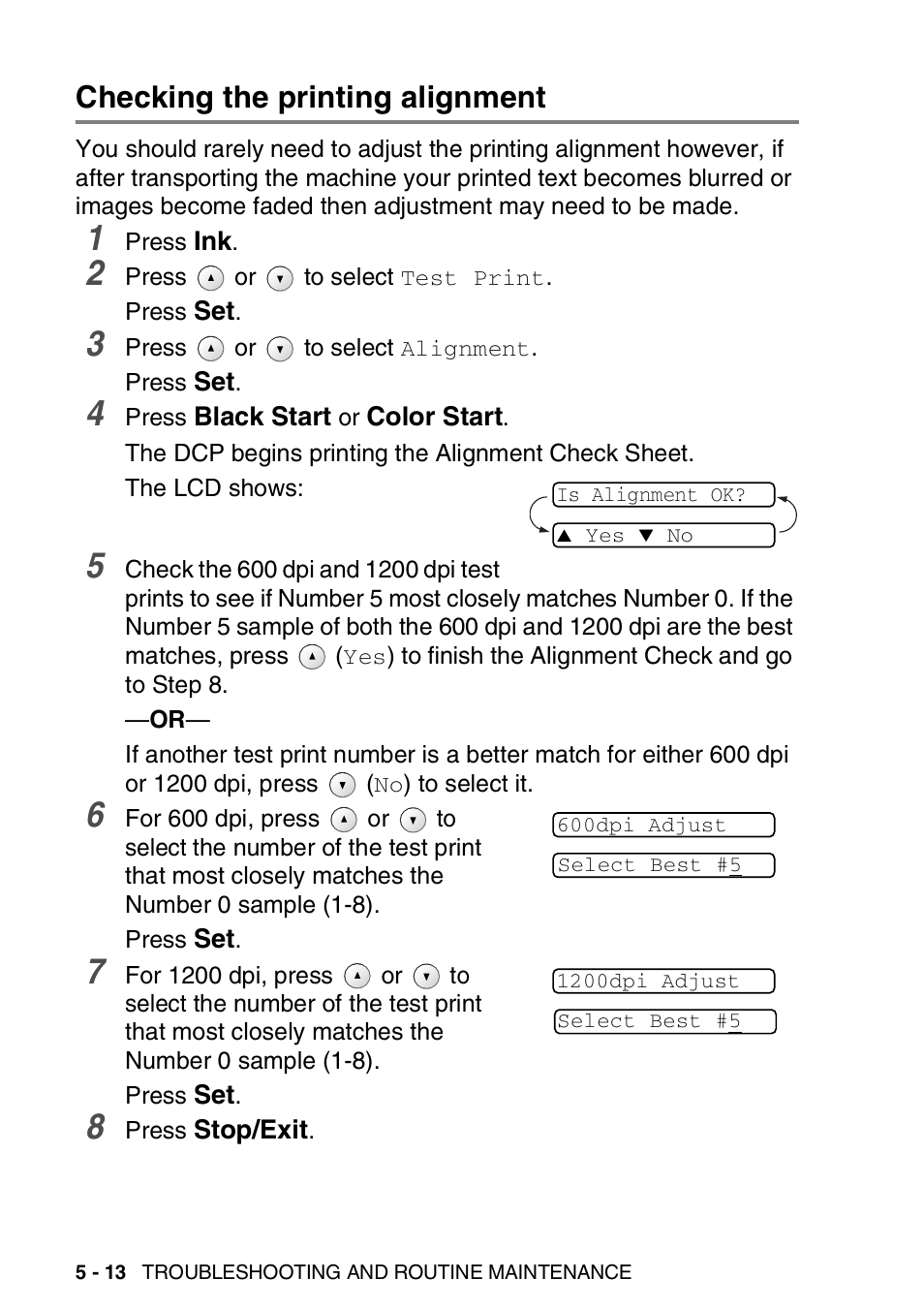Checking the printing alignment, Checking the printing alignment -13 | Brother DCP-110C User Manual | Page 80 / 107