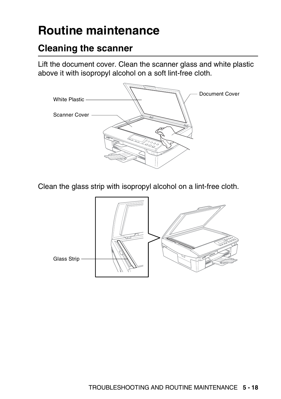 Routine maintenance, Cleaning the scanner, Routine maintenance -18 | Cleaning the scanner -18 | Brother DCP-110C User Manual | Page 85 / 107