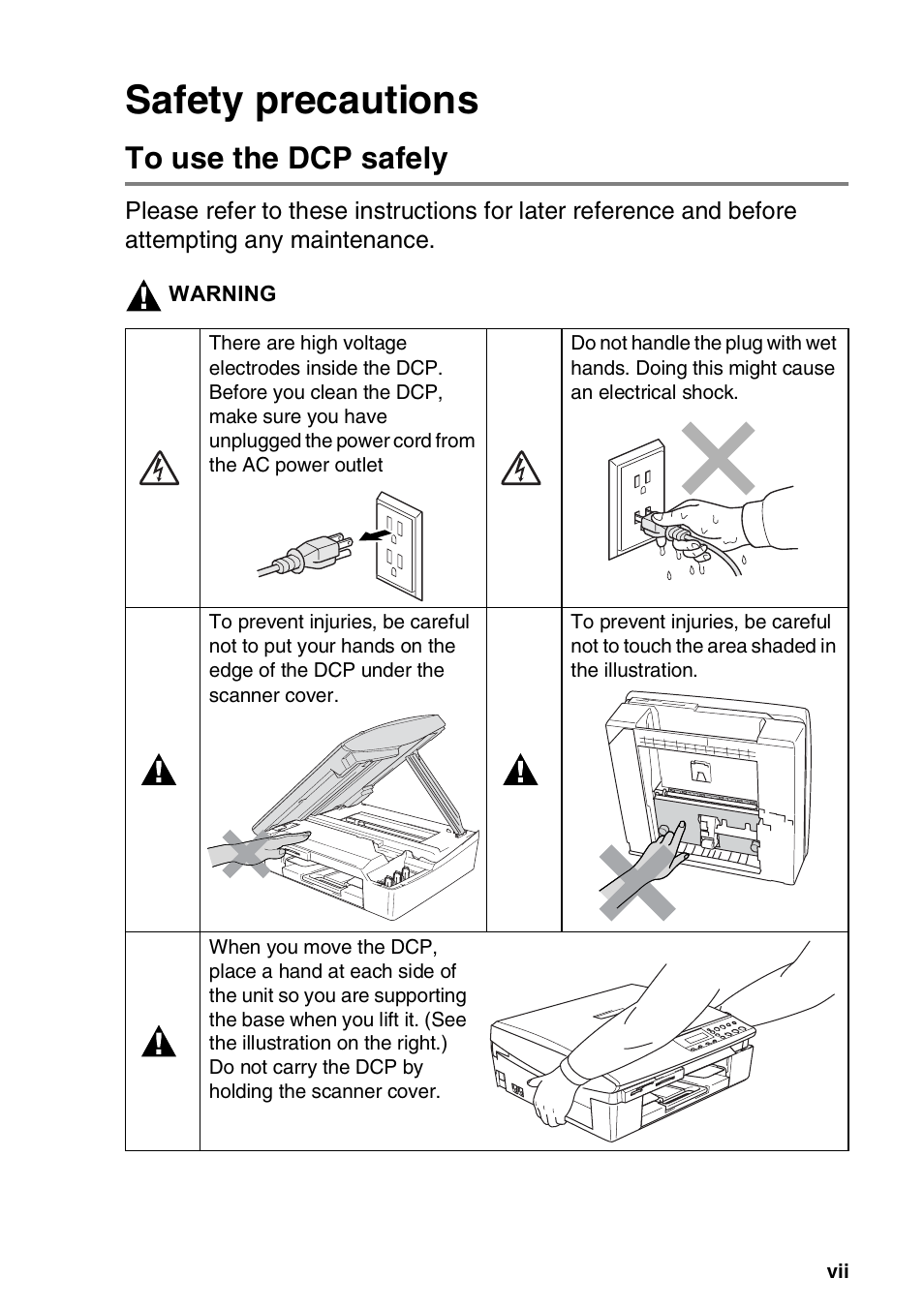 Safety precautions, To use the dcp safely | Brother DCP-110C User Manual | Page 9 / 107