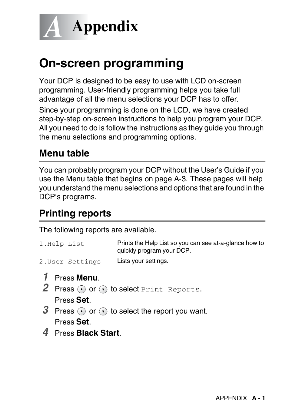 Appendix, On-screen programming, Menu table | Printing reports | Brother DCP-110C User Manual | Page 91 / 107