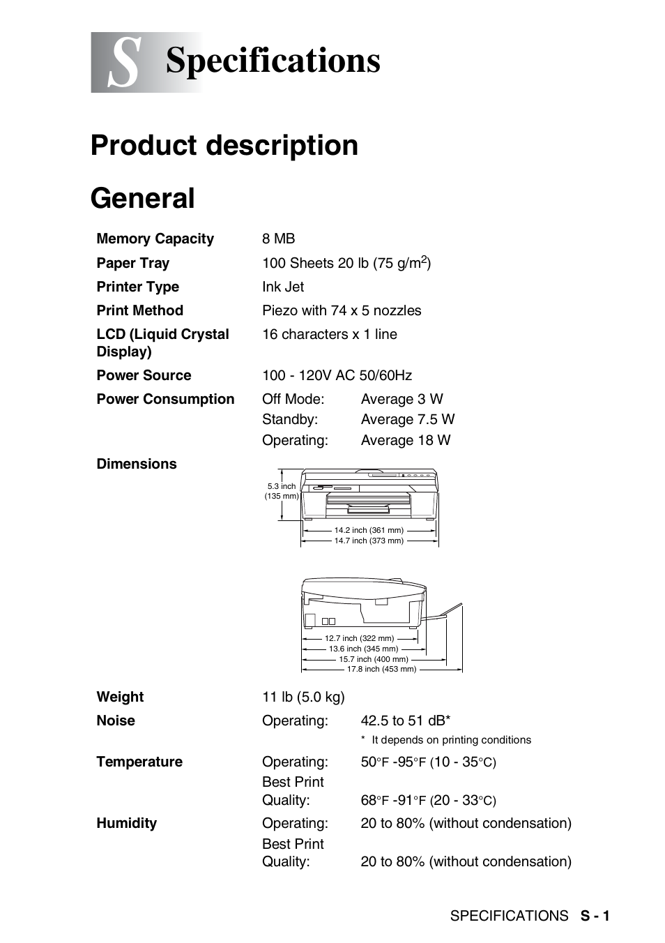 Specifications, Product description, General | Product description general | Brother DCP-110C User Manual | Page 97 / 107