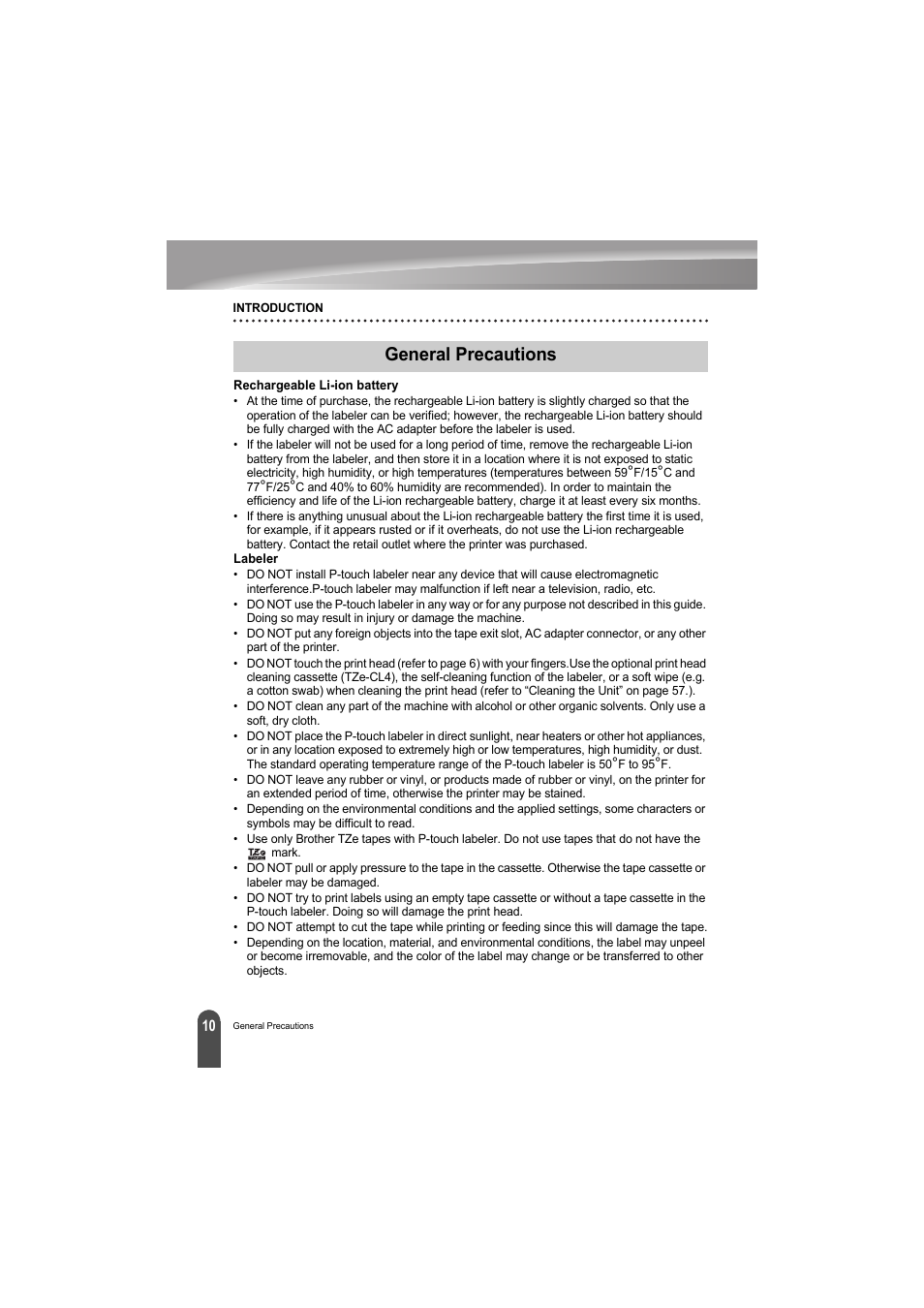 General precautions | Brother PT-H300 User Manual | Page 16 / 73