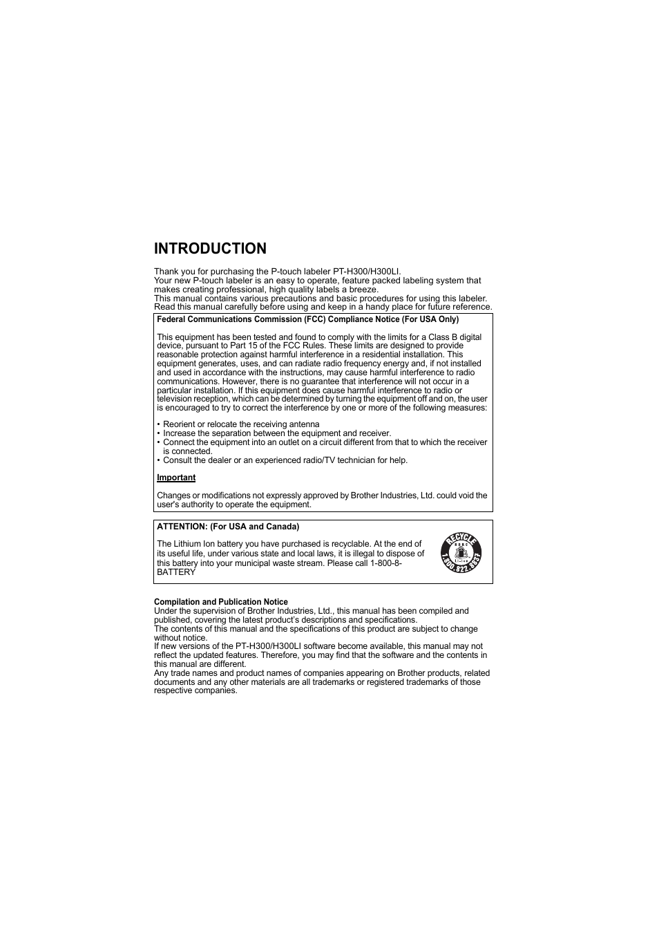 Introduction | Brother PT-H300 User Manual | Page 2 / 73