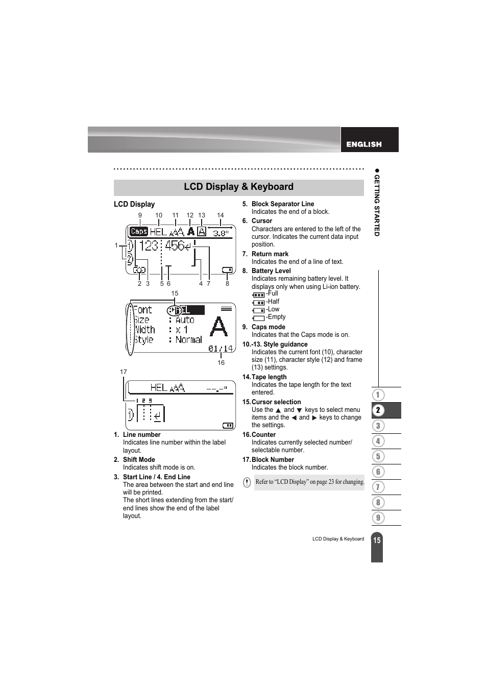 Lcd display & keyboard, Lcd display | Brother PT-H300 User Manual | Page 21 / 73