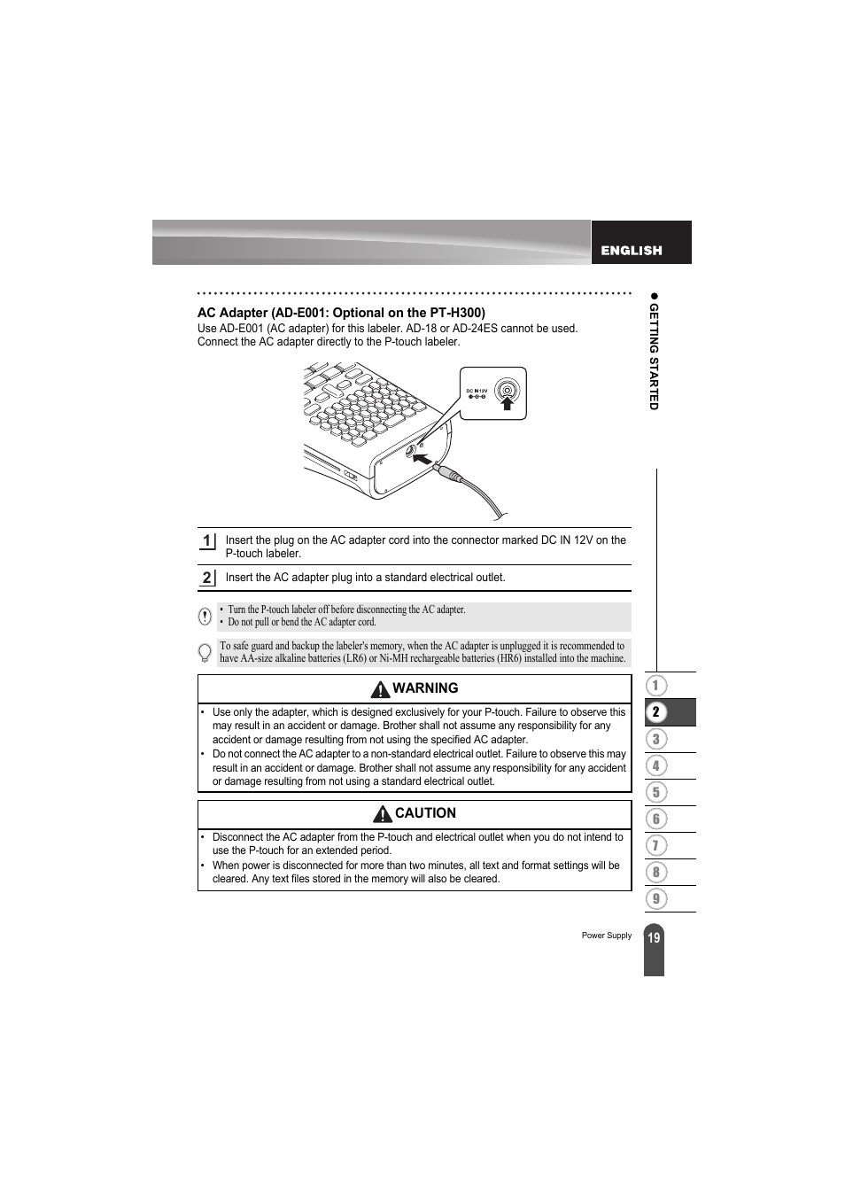 Ac adapter (ad-e001: optional on the pt-h300) | Brother PT-H300 User Manual | Page 25 / 73