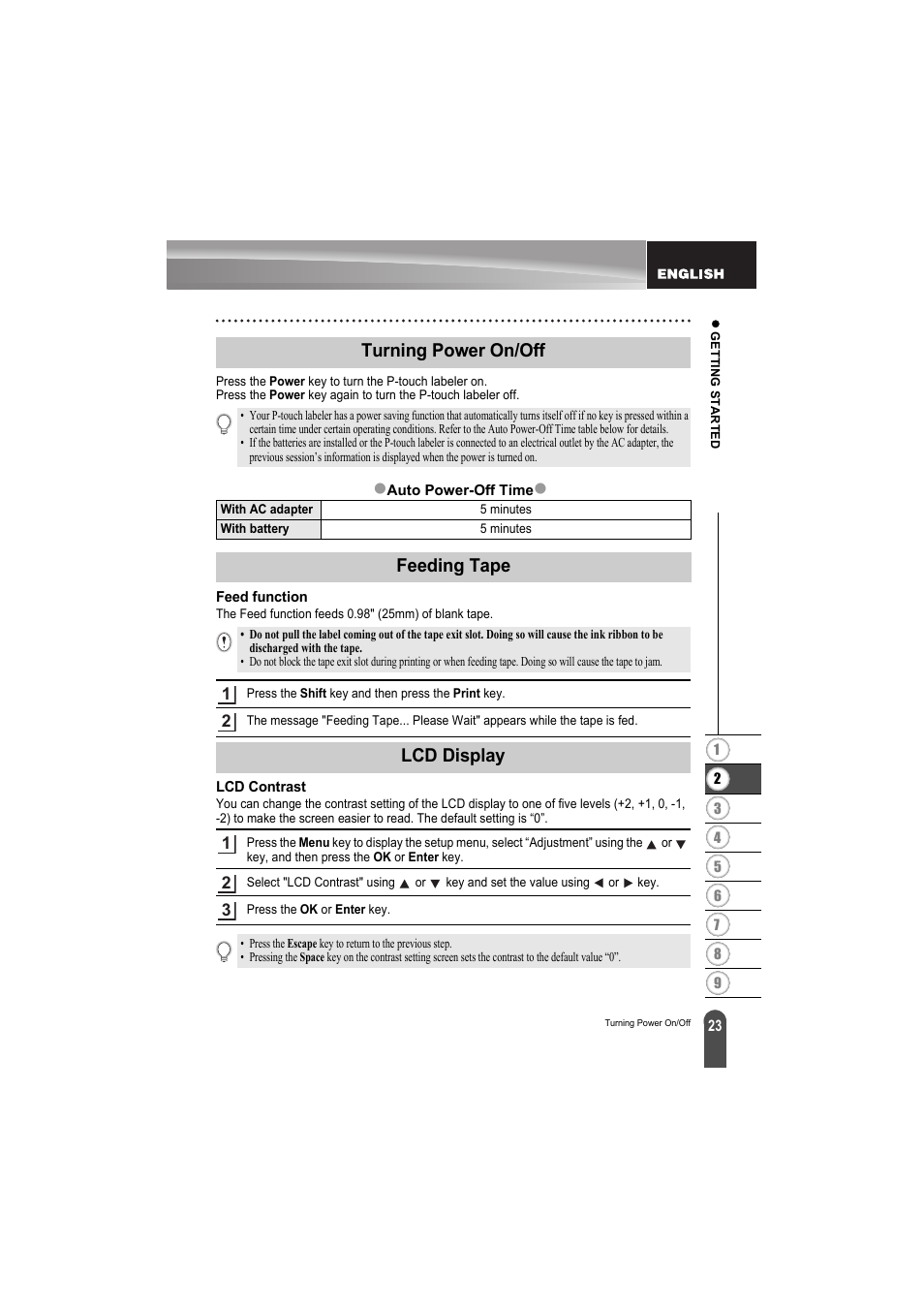 Turning power on/off, Feeding tape, Feed function | Lcd display, Lcd contrast, Turning power on/off feeding tape | Brother PT-H300 User Manual | Page 29 / 73