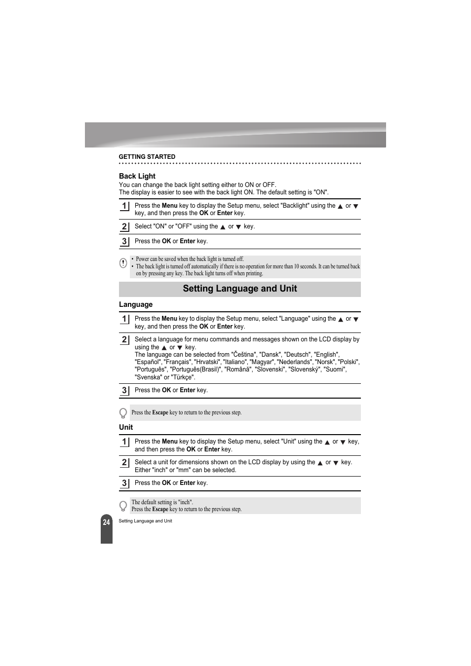 Back light, Setting language and unit, Language | Unit, Language unit | Brother PT-H300 User Manual | Page 30 / 73