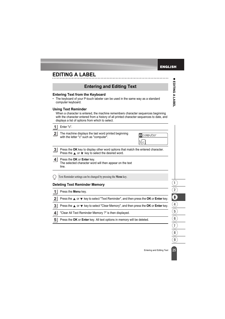 Editing a label, Entering and editing text, Entering text from the keyboard | Using text reminder, Deleting text reminder memory, P. 25 | Brother PT-H300 User Manual | Page 31 / 73