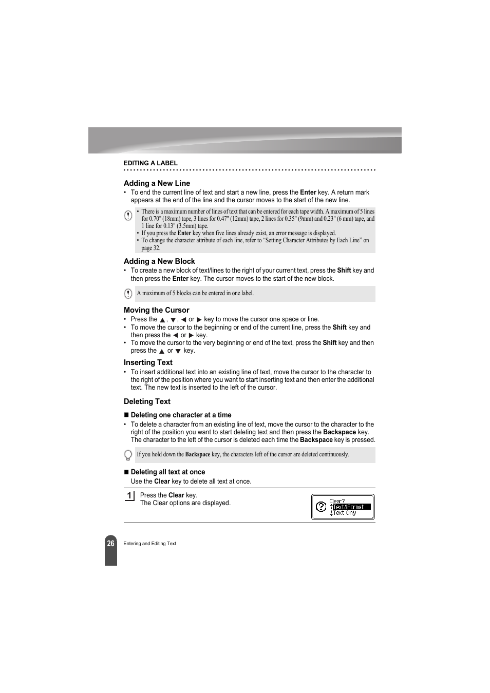 Adding a new line, Adding a new block, Moving the cursor | Inserting text, Deleting text | Brother PT-H300 User Manual | Page 32 / 73