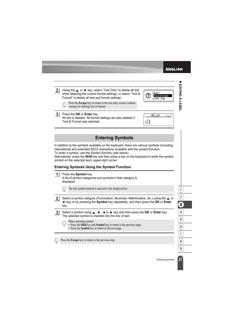 Entering symbols, Entering symbols using the symbol function, P. 27 | Brother PT-H300 User Manual | Page 33 / 73