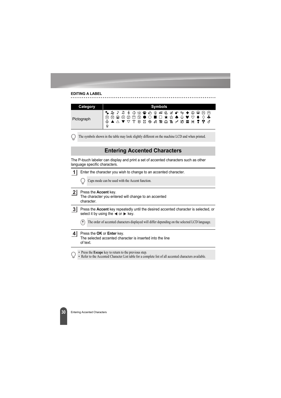 Entering accented characters, P. 30 | Brother PT-H300 User Manual | Page 36 / 73