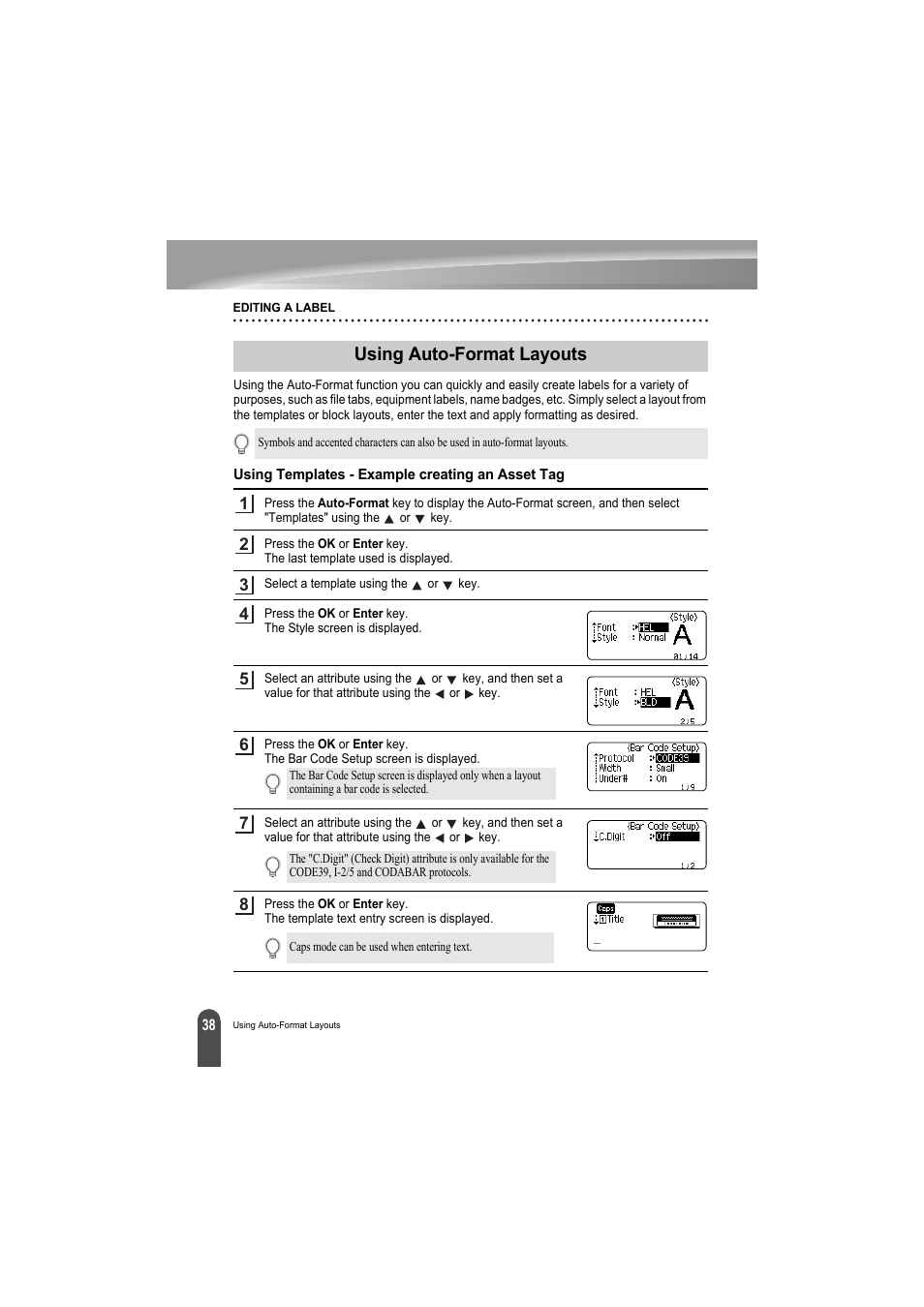 Using auto-format layouts, Using templates - example creating an asset tag, P. 38 | Brother PT-H300 User Manual | Page 44 / 73