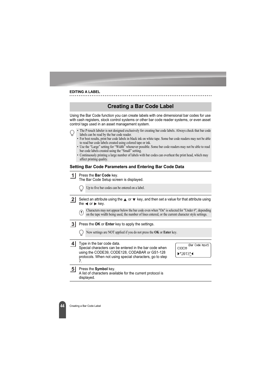 Creating a bar code label | Brother PT-H300 User Manual | Page 50 / 73