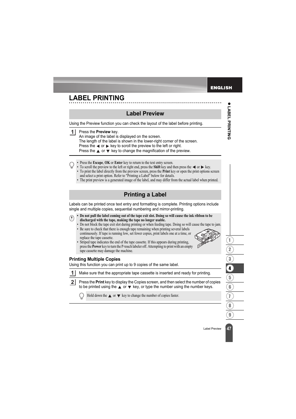 Label printing, Label preview, Printing a label | Printing multiple copies, Label preview printing a label, P. 47 | Brother PT-H300 User Manual | Page 53 / 73