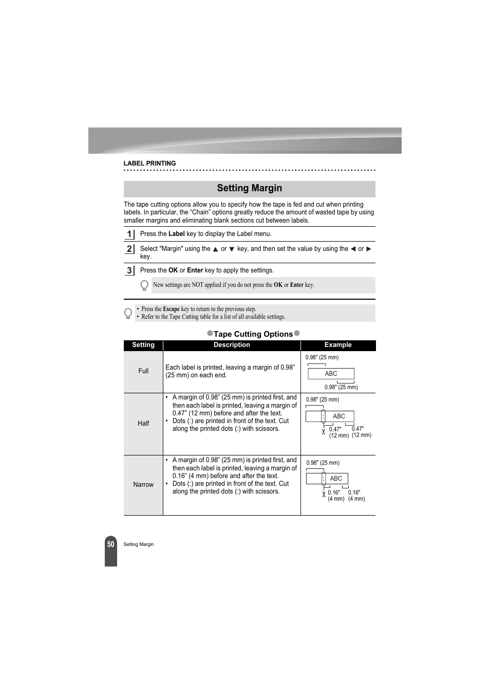Setting margin, P. 50, Zsetting margin | Brother PT-H300 User Manual | Page 56 / 73