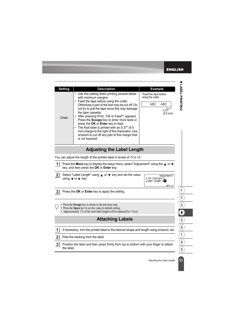 Adjusting the label length, Attaching labels, Adjusting the label length attaching labels | Brother PT-H300 User Manual | Page 57 / 73